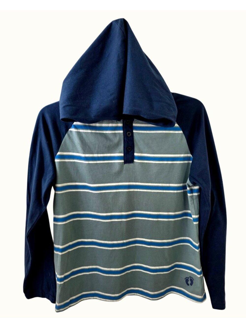 Hang Ten Boys Sz L 14/16 Striped Hooded Henley Shirt Blue Stripe Navy Long Slv